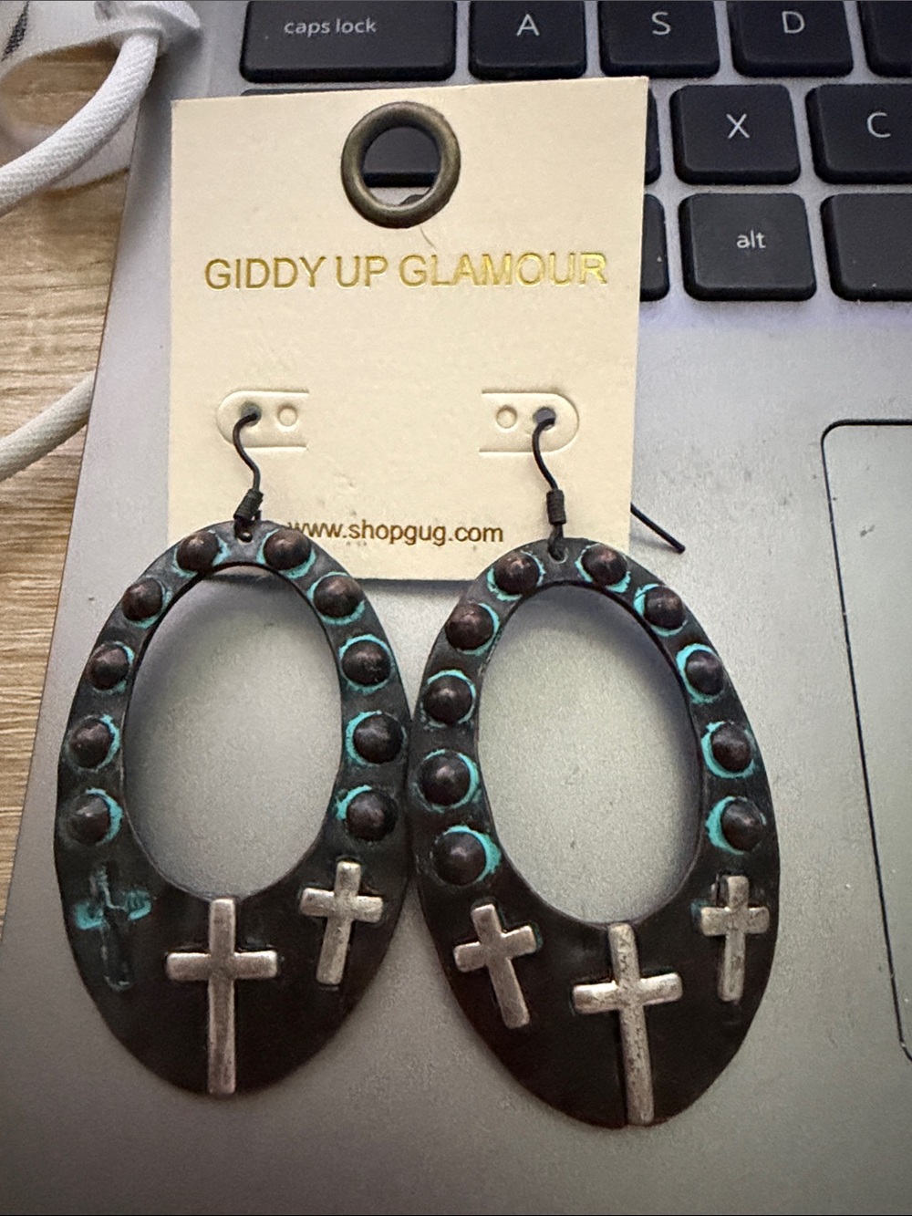NWT-Giddy Up Glamour Turquoise-Accented Cross Oval Earrings
